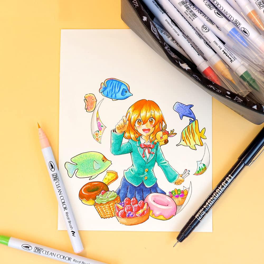 Kuretake Brush Pen Set: Clean Color Real Brush + MANGAKA with Pouch RBCN160/39V