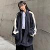 Casaco de inverno feminino, gola alta, mangas compridas, bolsos, bordado, zíper, colorblock, lã grossa, solto, esportivo, casual, uso diário, jaqueta