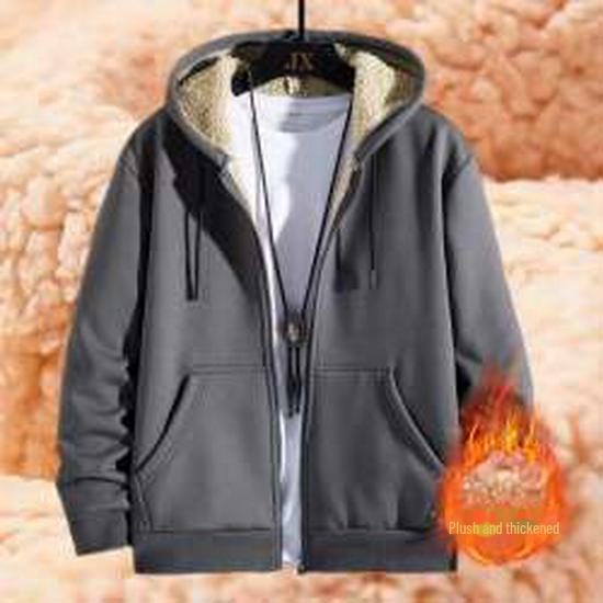 Lambskin Hooded Zipper Sweater: Men's Warm & Versatile Autumn/Winter Cardigan with Plus Velvet Thickening.