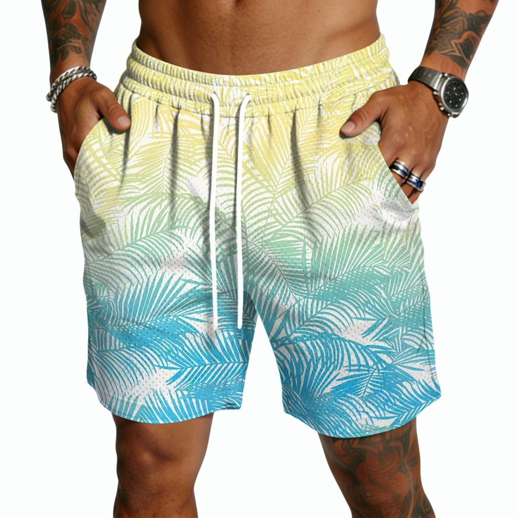 Men's Casual Drawstring Shorts Lightweight Quick-Dry Five-Point Hawaiian Print Beachwear Summer Bottoms with Elastic Waistband
