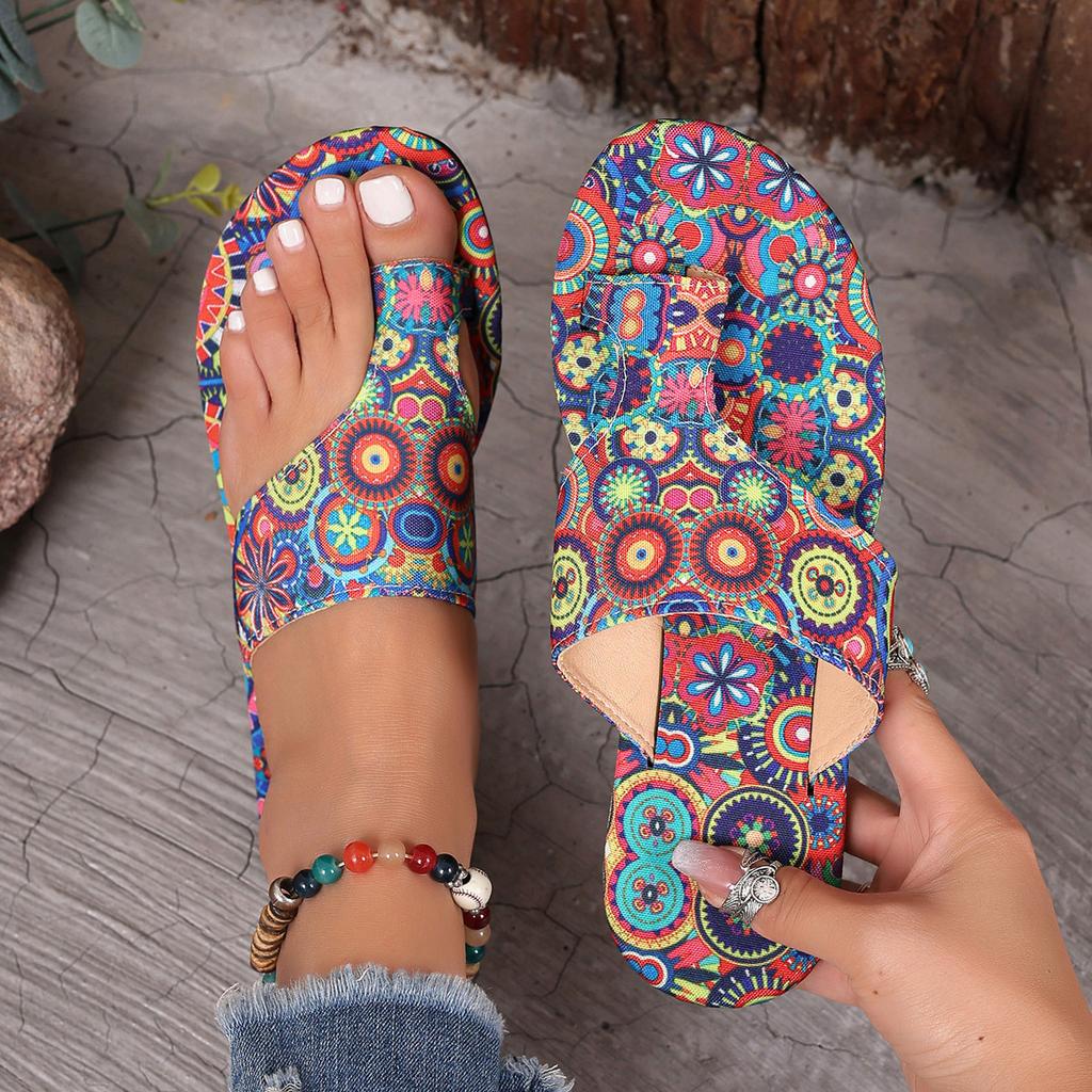 Fashion Large size national style flat set toe slippers female 2025 fashion new breathable printed Roman style foreign trade slippers