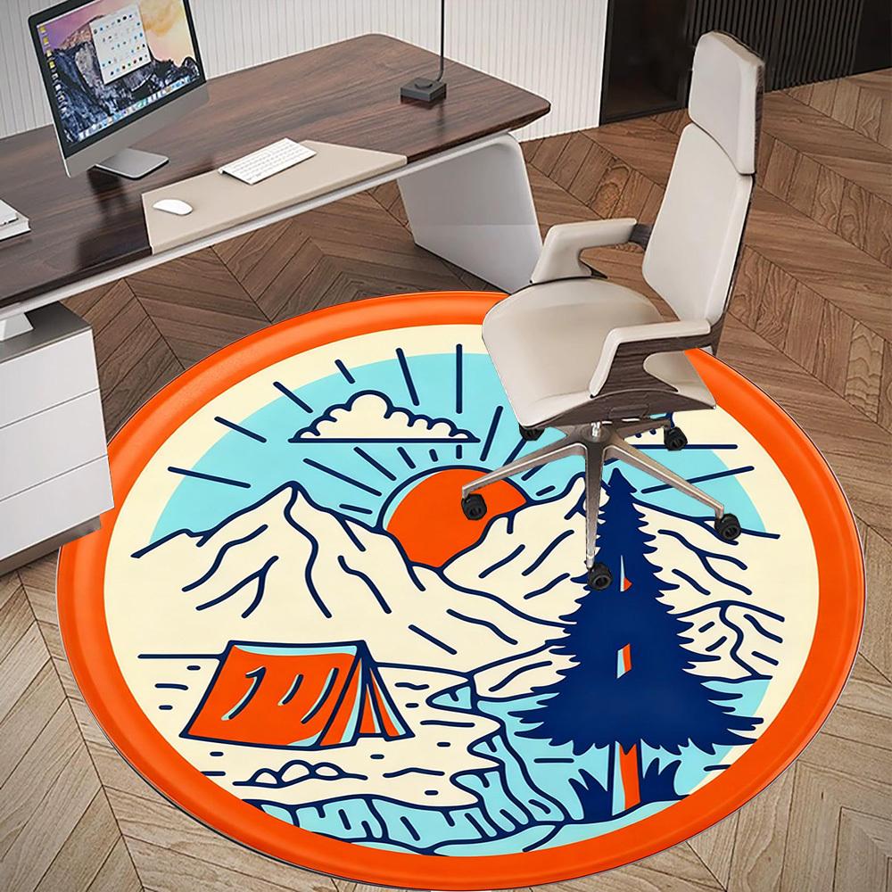1pc Camping Mountain Round Chair mat office Area Rug - Non-Slip, Floor Mat for Office, Bedroom, Ideal home decor gift p0105049