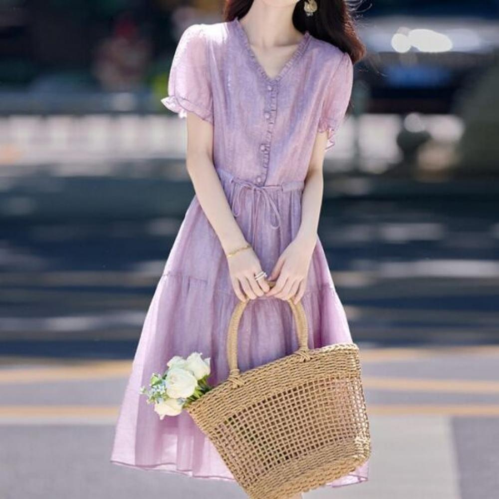 NaVaVa Women LoVely Waist Tie Thin Shirring V Neck Short sleeVe Dress No969