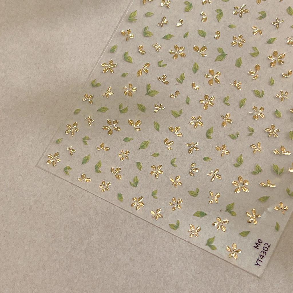 Golden Green Leaf Flower Nail Art Stickers Exqusitive 3D Five-petal Flower Nail Decorations DIY Adhesive Nail Decals Accessories