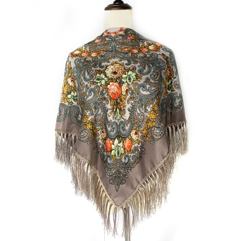 Retro Style Ukrainian Fringed Shawl Russian Floral Print Square Scarf Babushka Bandana Handkerchief Female Head Wraps
