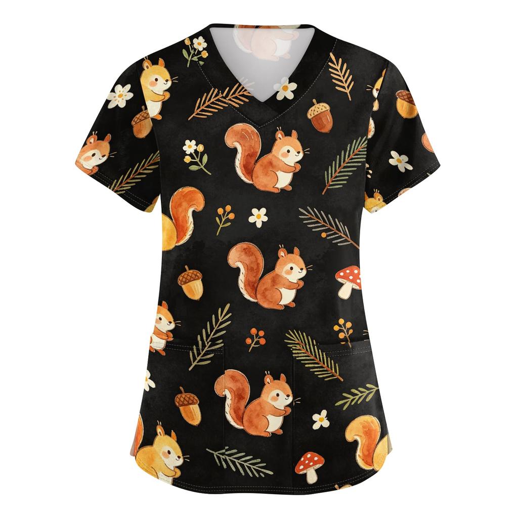 Women's V Neck Short Sleeve Work Top with Pockets Animal Print Medical Scrub Shirt for Healthcare Professionals Nursing Uniform