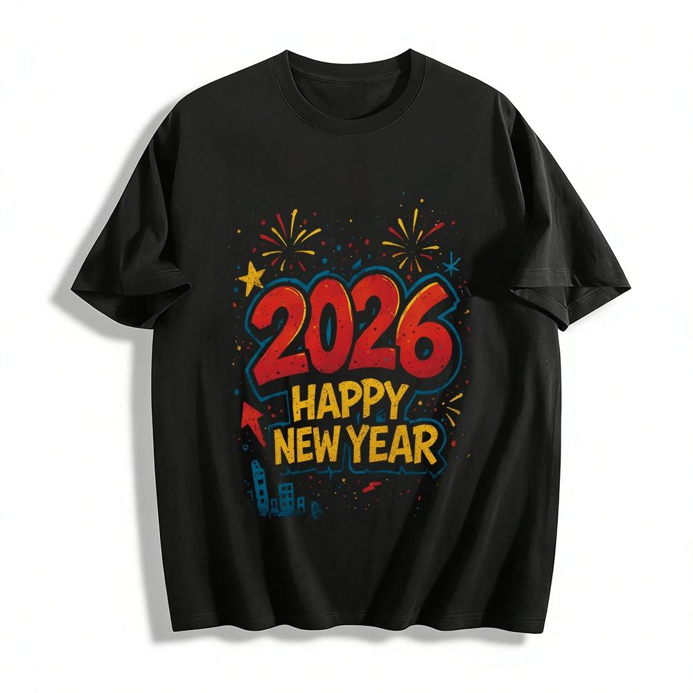 

2026 Happy New Year Graphic Print Casual Festival Sweatshirt Pure cotton T-shirt XXS