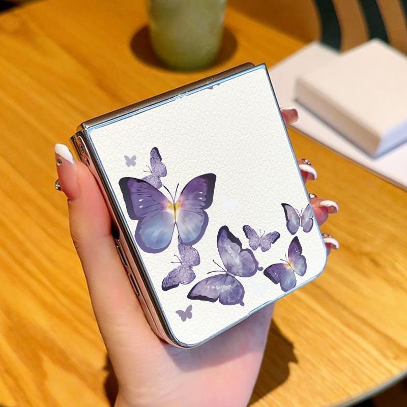 Butterfly Print PU Leather Phone Case For Samsung Galaxy Z Flip7 FE Flip6 Flip 7 6 5 5G Silver Plating Frame Hard Folding Cover