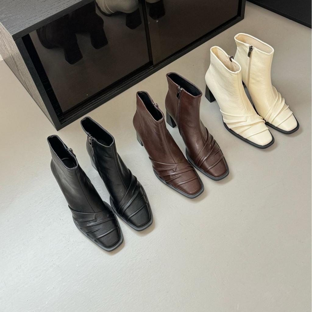 2025 new side zipper versatile high-heeled boots fashionable temperament short boots retro pleated thin boots women