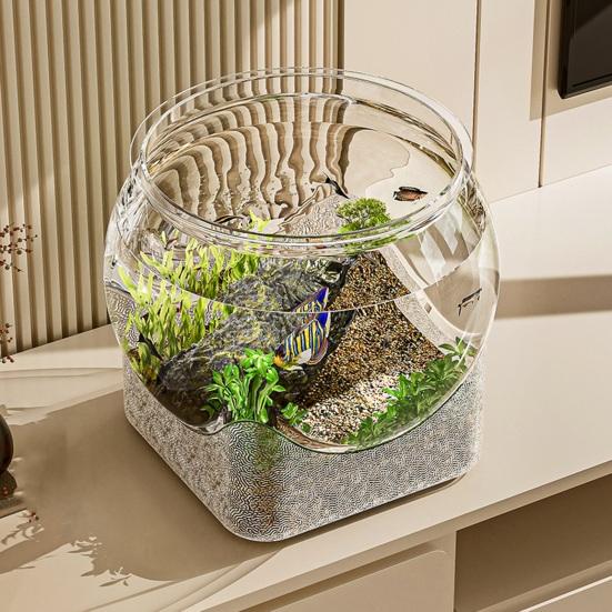 Průhledná kulatá akvarijní mísa pro rybu Betta, zlatou rybku, želvu, plastové akvárium pro rybu Betta, stolní kulaté PET akvárium pro domácí a kancelářskou dekoraci