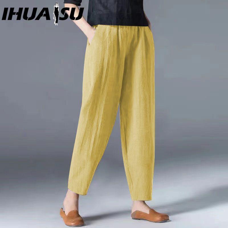 IHUASU 9 barev Objednejte o dvě čísla větší, Dámské letní ležérní volné bavlněné lněné harémové kalhoty s elastickým pasem, Slim kalhoty, Devítidélkové kalhoty