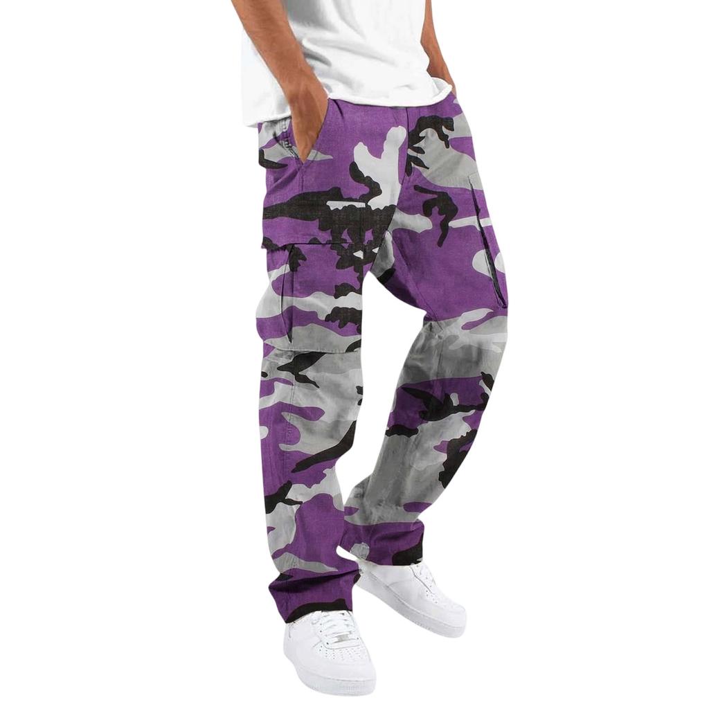Men Drawstring Elastic Waist Cargo Pants Four Pockets Digital Print Loose Fit Long Trousers for Daily Outdoor Wear