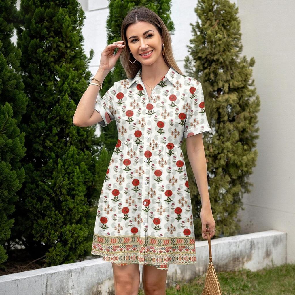 Casual Loose Fit Shirt Dress with Button Front and Stand Collar Short Sleeve Printed Summer Dress for Women