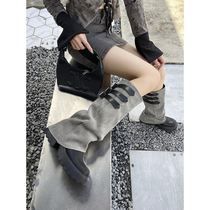 Spice Girl Belt Buckle Round Head Thick Heel Knight Boots Women's Vintage Skinny Pants Tube Tall Boots
