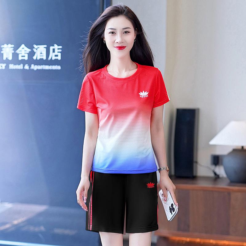 Damski dres sportowy rekreacyjny, letni, z lodowego jedwabiu, szybkoschnący, zestaw dwuczęściowy z krótkim rękawem