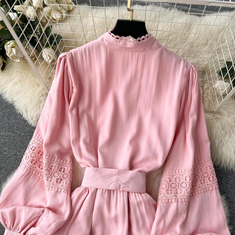 Luxury Party Dress for Women Long Lace Hollow Out Bandage Runway Patchwork Solid Lantern Sleeve Single Breasted Stand Dress