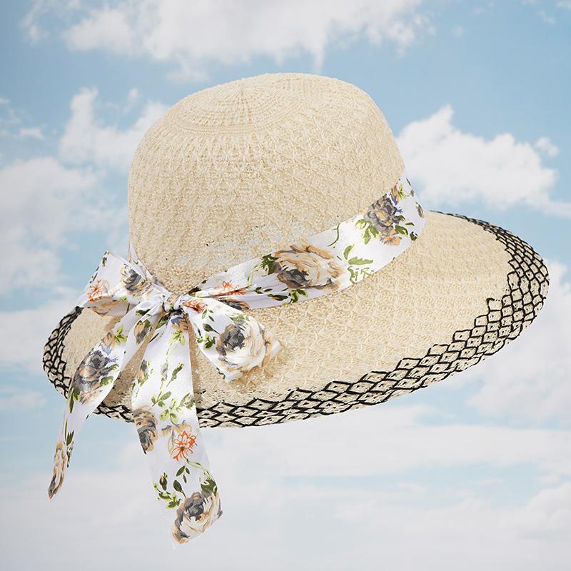 Hat Women's Summer New Knitted Hemming Bow Straw Hat Breathable Sunscreen Hat Big Brim Women's Sun Hat