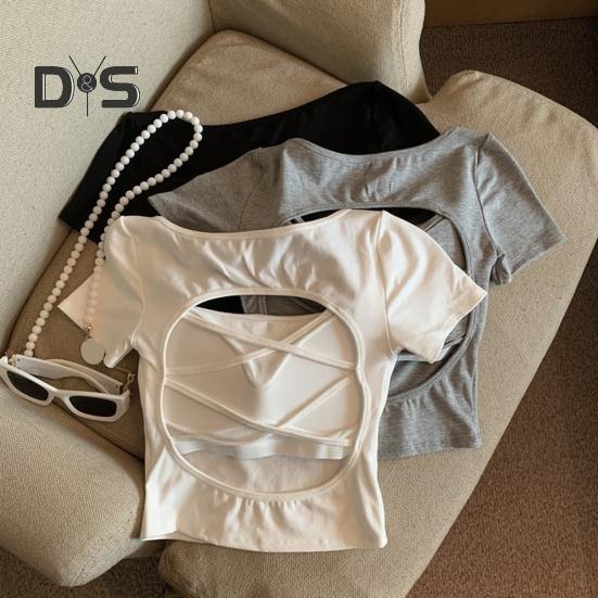 Damen T-Shirt mit quadratischem Kragen, kurzärmelig, mit Hohlkreuz, einfarbig, schmale Passform, kurze Oberteile für den Alltag