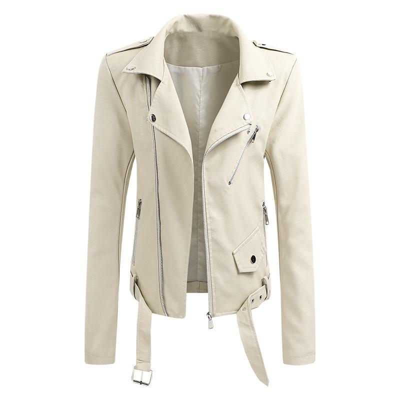 European Spring Women's Short Leather Motorcycle Jacket with Lapel Collar