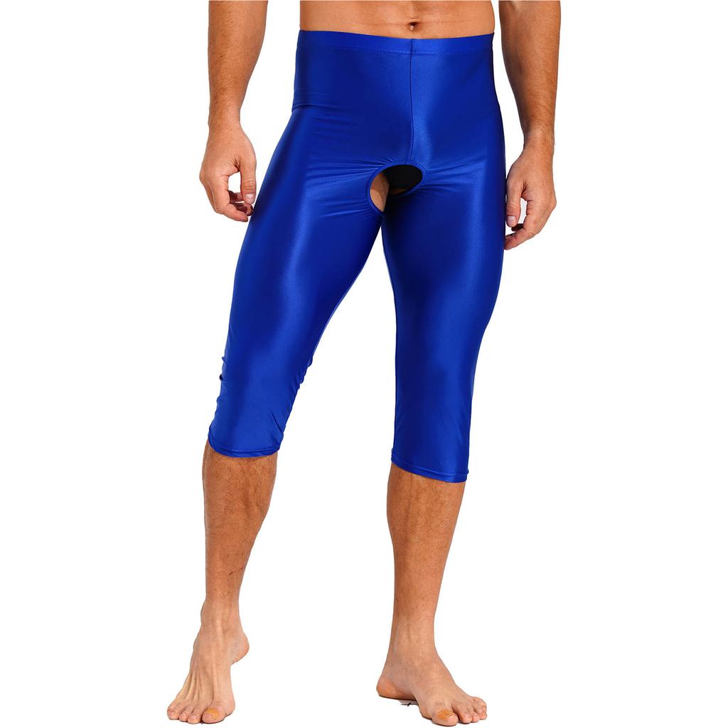 Mens Glossy Open Crotch Shorts Stretchy Elastic Waistband Slim-Fit Leggings Smooth Fabric for Gym Club Outfits