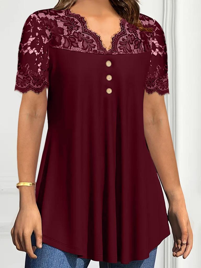 2025 European & American Women's Solid Lace V-Neck Casual Spring/Summer Short Sleeve Shirt