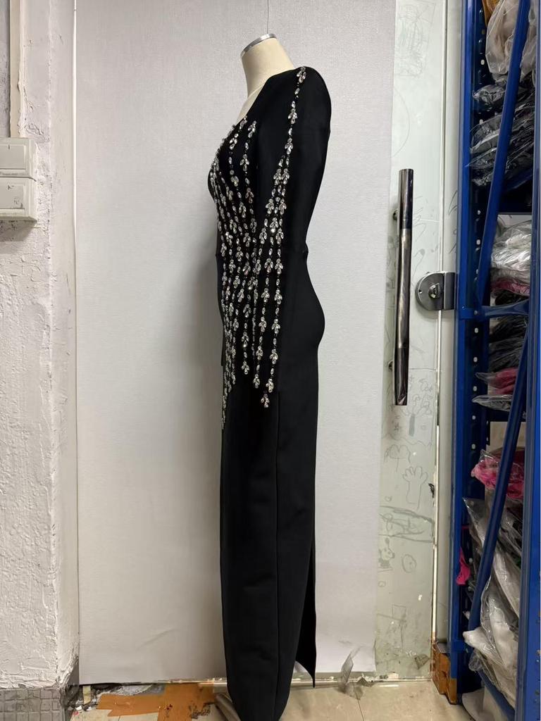 2025 Diamond-Studded Bandage Evening Dress – Sexy Long-Sleeved European & American Style