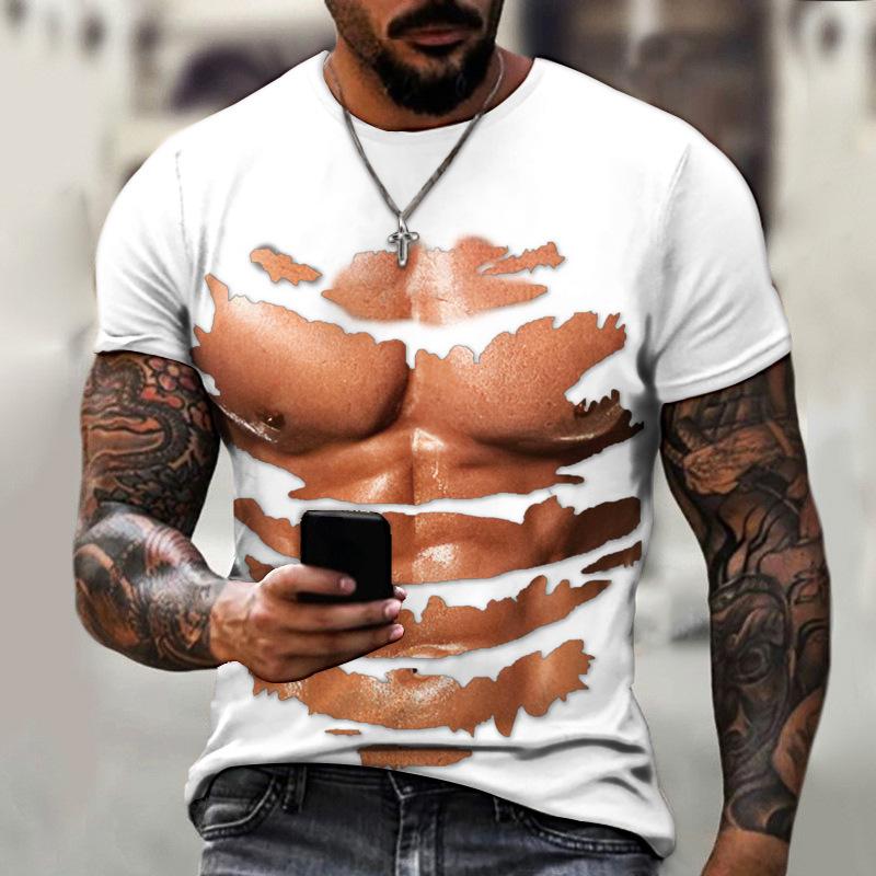 Herren T-Shirt mit 3D-Print, lässig, mit Schlitz und Kunstloch, Weiß/Schwarz, Sommer-T-Shirt für Herren, O-Ausschnitt, kurzärmelig, lockere Oberteile, atmungsaktive Paar-T-Shirts