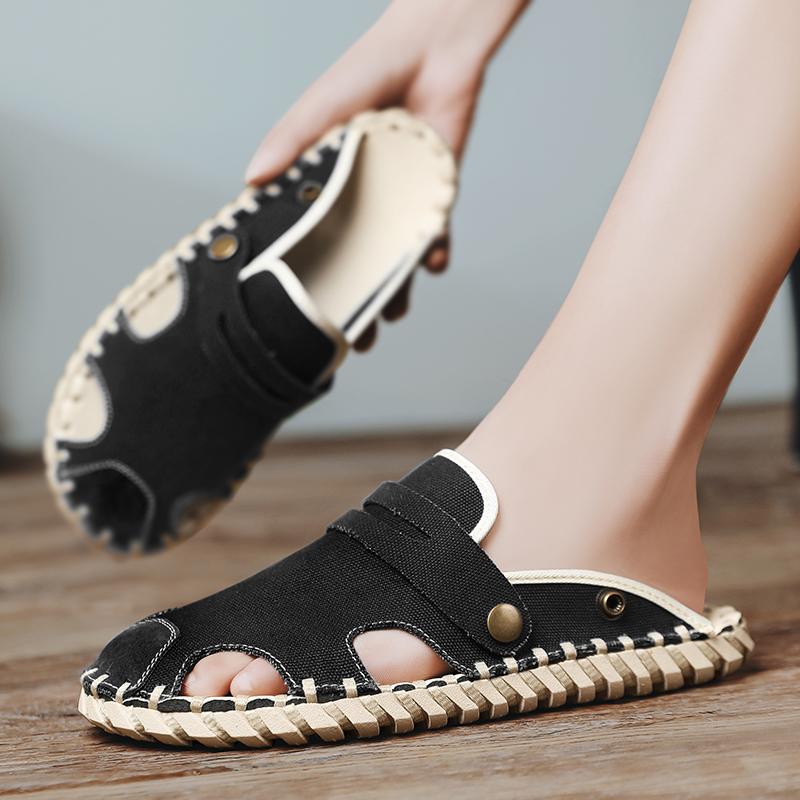 Fashion Breathable Hand sewn canvas casual slippers Trendy men's design styles Street outdoor walking Black daily shoes summer New Flat