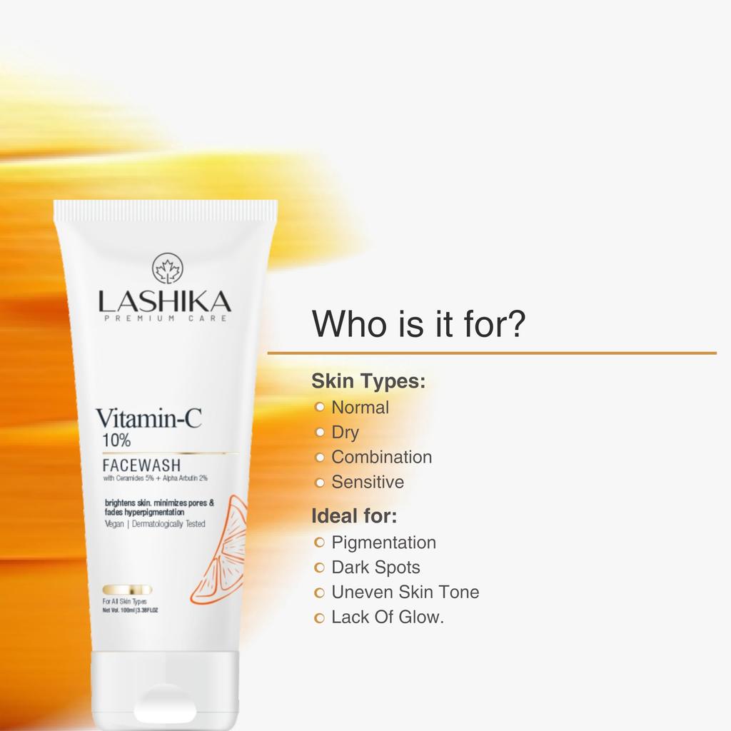 Lashika Vitamin C Facewash | With Niacinamide, Peptide & Ceramide NP | Brightening & Hydrating | Face Wash for Glowing Skin | All Skin Types | 100ml