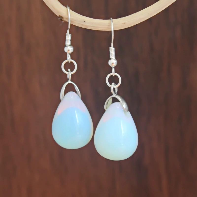 Silver Teardrop Earrings with Natural Green Cat's Eye Stone Agate