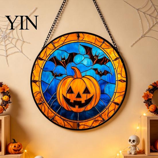 Christmas Gothic Theme Ornament Retro Halloween Pendant, Ghost/Bat/Spider Web/Pumpkin Head Print, Hand Painted Ghost Disc Vintage Acrylic Hanging for