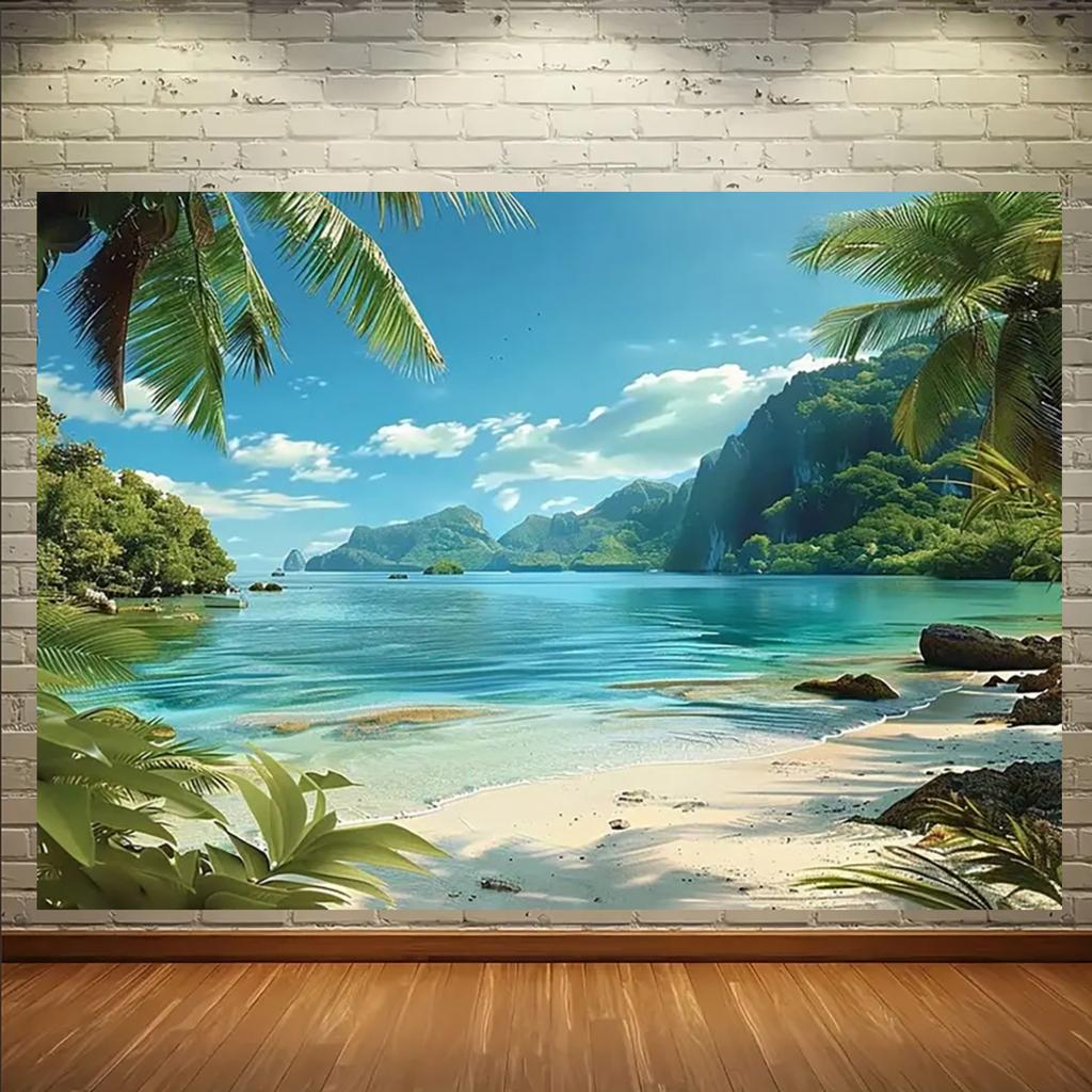 2D plane, tropical beach background fabric, with palm trees, outdoor party and event decorations, polyester fiber