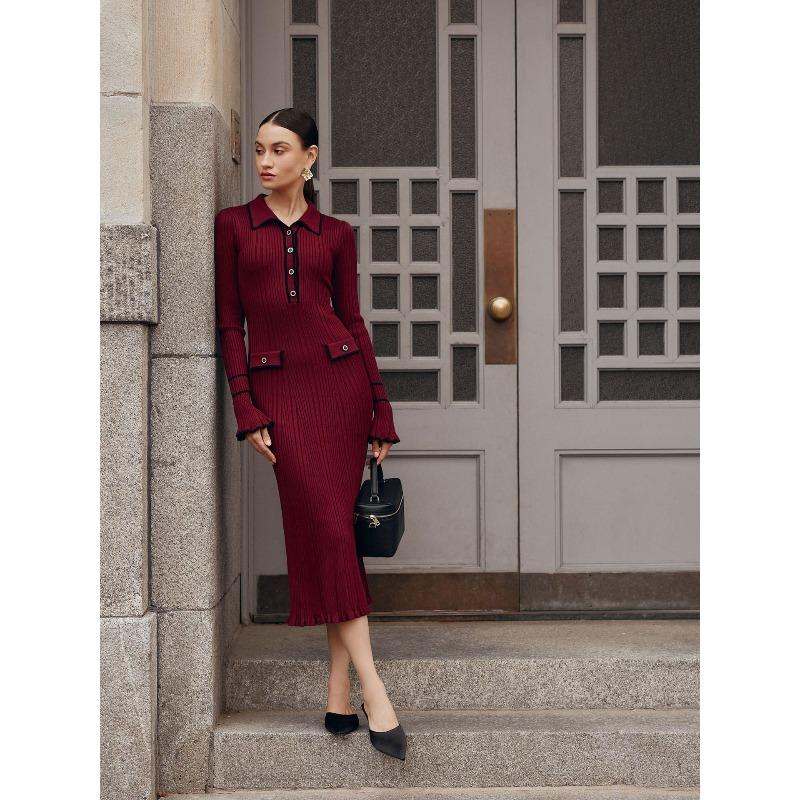 JKASHDK Women's Fashion Spring Fall Solid Color Print Long Sleeve POLO Neck High Waist Casual Dresses