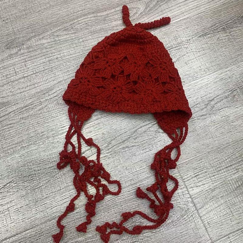 Autumn and winter hand-crocheted flower fringed pullover hat female sweet cute girl literary bag head hat tide hollow