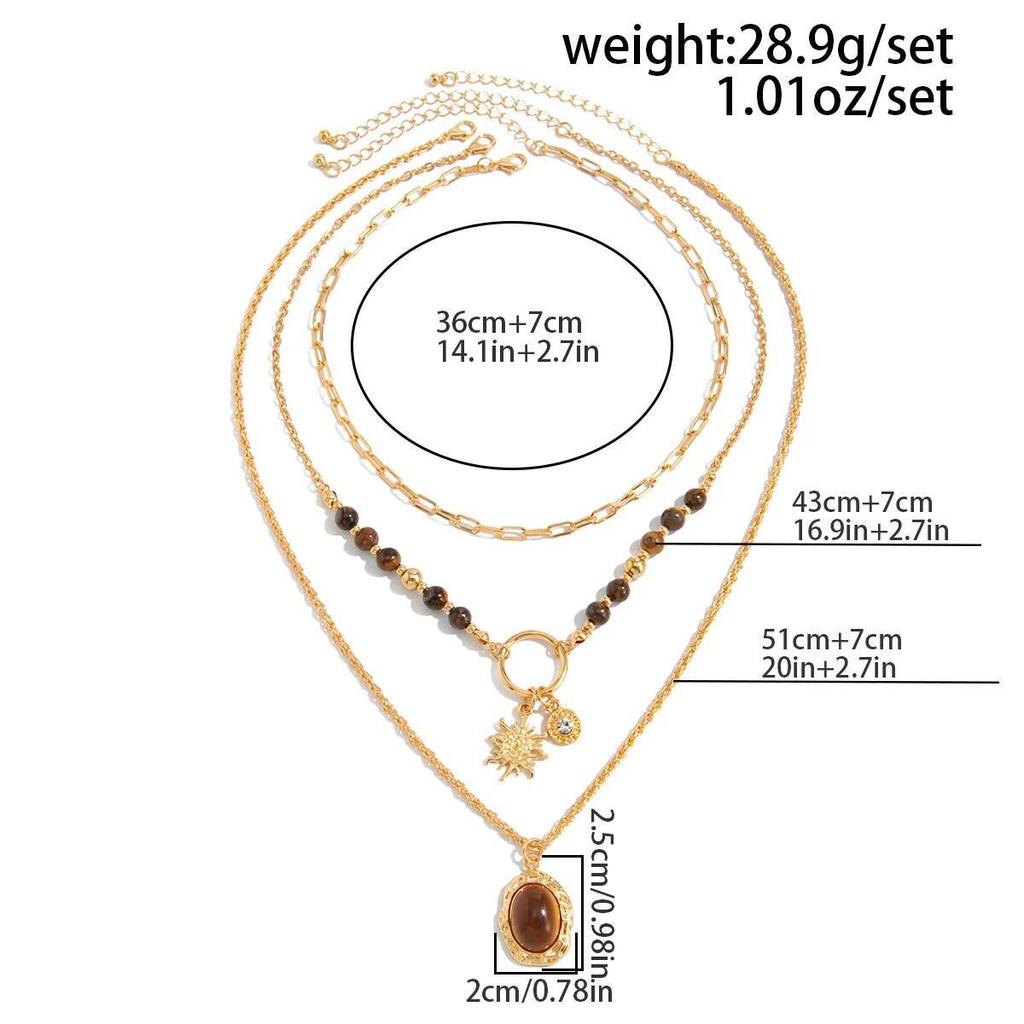Salircon 3 Pcs/set Vintage Sunflower Brown Stone Beads Pendant Necklace for Women New Trendy Charms Sweater Chain Jewelry Gifts