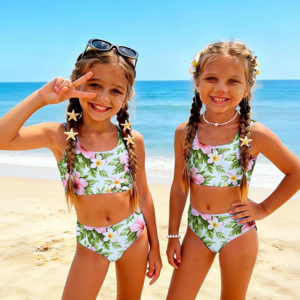 Girls Two Piece Swimsuit Set Hawaiian Print Tankini Top and High Waist Bottom Summer Beach Swimwear for Kids