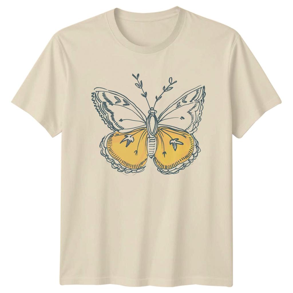 Sketchy Yellow Butterfly Line Art Womens T-Shirt Insect Nature Gift For Her
