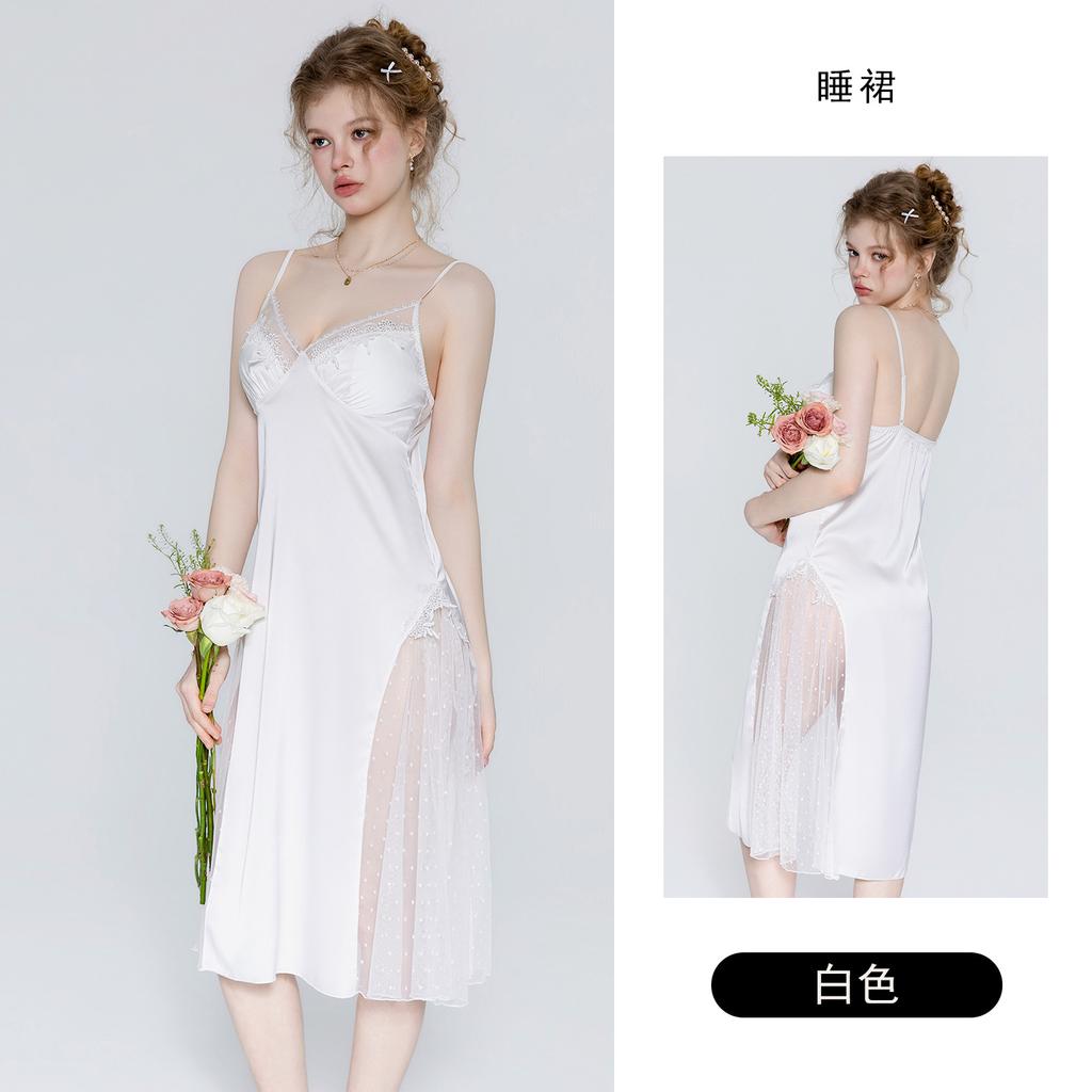 Women's Satin Lace Sheer Mesh Padded Long Cami Sleep Dress with Robe Lounge Set