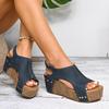 Retro Peep Toe Wedge Heel Sandals for Women 2025 Summer Chunky Platform Sandalias Mujer Thick Bottom Rivet Decor Roman Sandals