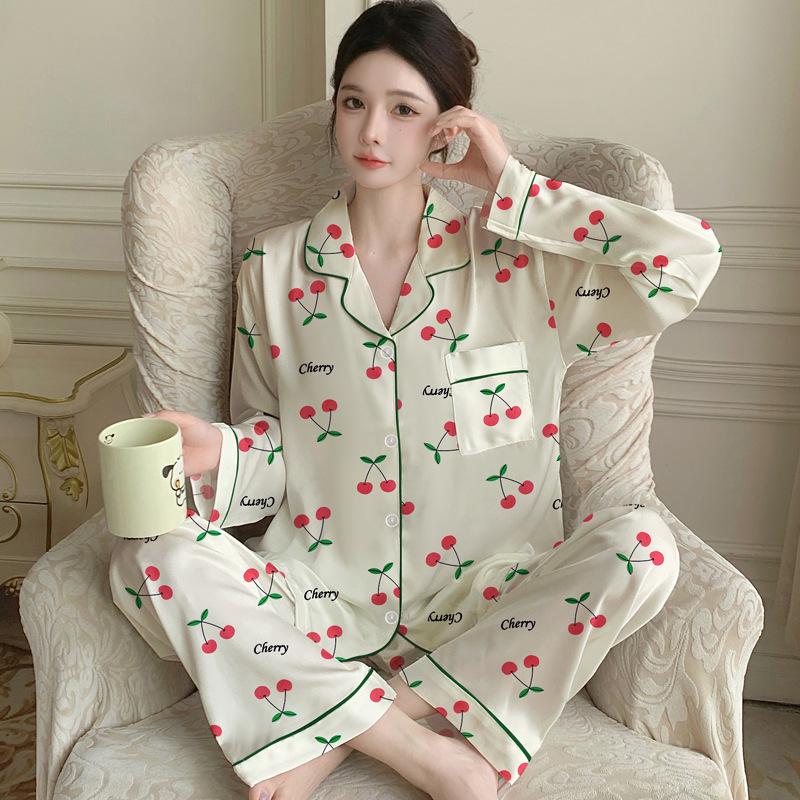 Fashion Ice Silk Thin Pajamas Women'S Spring High-End Silk Striped Cartoon Loungewear Long-Sleeved Two-Piece Set