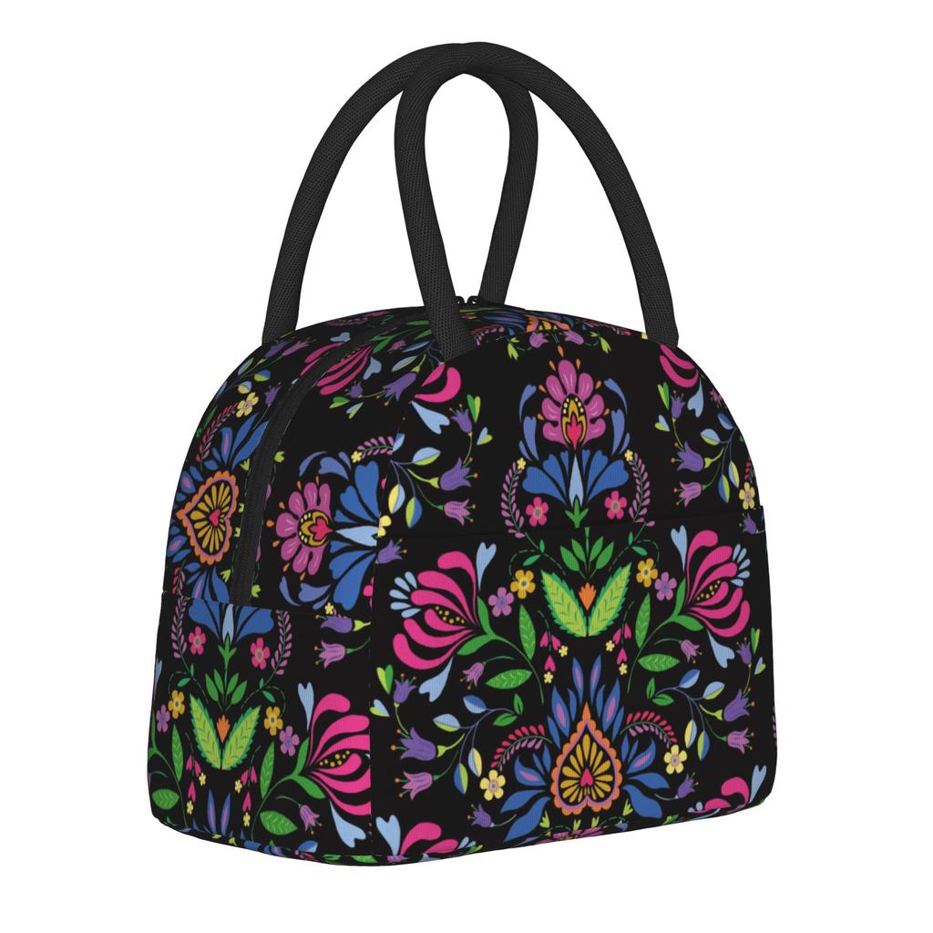 Mexican Floral Folk Pattern Insulated Lunch Bags High Capacity Polish Ethnic Flowers Reusable Thermal Bag Tote Lunch Box