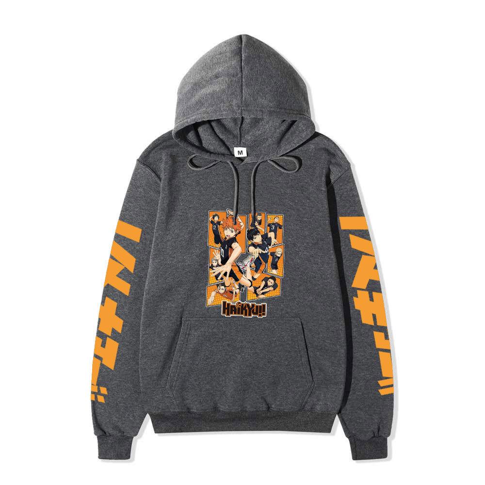 Haikyuu Karasuno Team Collage Unisex Fleece Hoodie Orange Japanese Vertical Letter Sleeve Volleyball Anime Pullover Sweatshirt