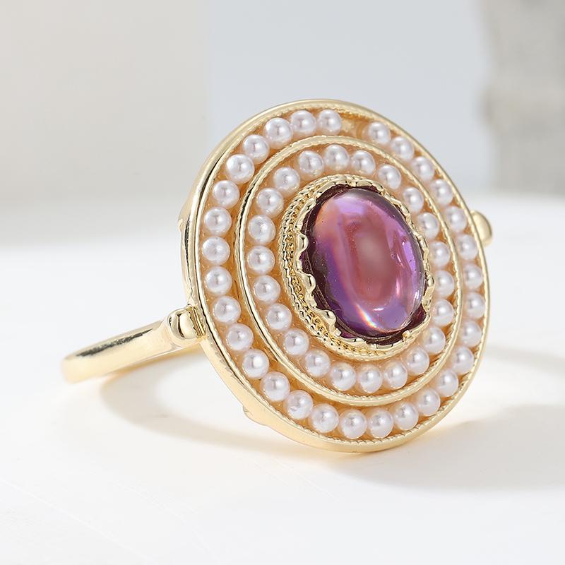 Vintage Inlaid Purple CZ Imitation Pearl Women's Ring Gorgeous Gold Color Geometry Daily Wear Party Jewelry Anniversary Gift