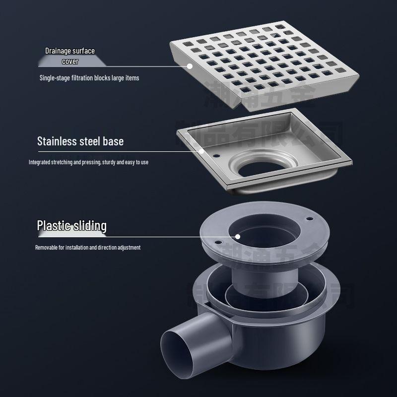 304 Stainless Steel European-Style Large Capacity Square Floor Drain with Sliding Side Drain.