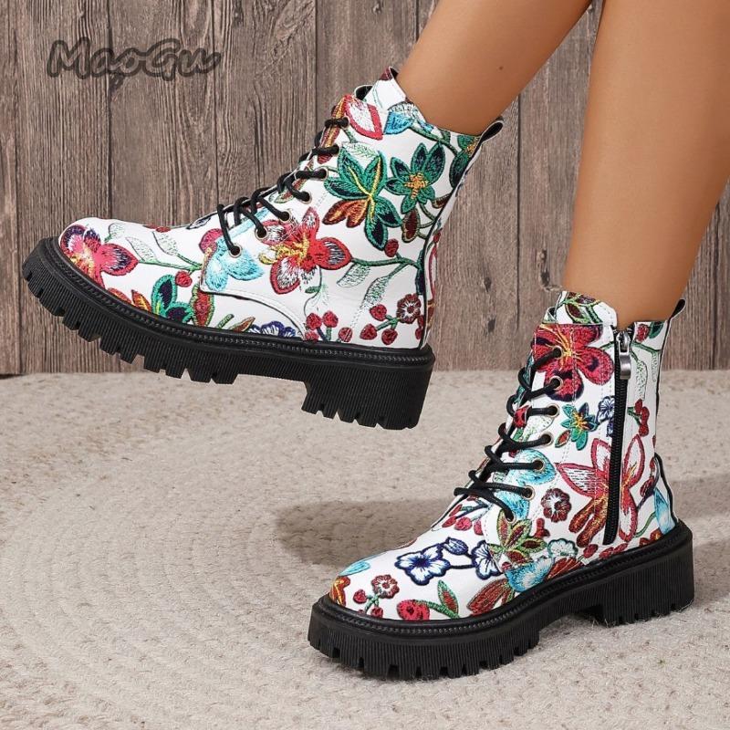 Fashion New Fashion Women's Boots Side Zipper Thick Bottom British Style Botas Mujer Trend Versatile Short Boots Floral Printed Botines