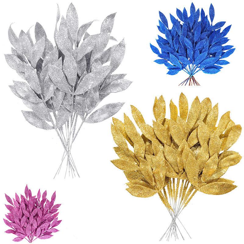 5Pcs Christmas Flash Glitter Gold Silver Leaves Xmas Tree Decoration Pendant Artificial Plants Pine Branches New Year Decor
