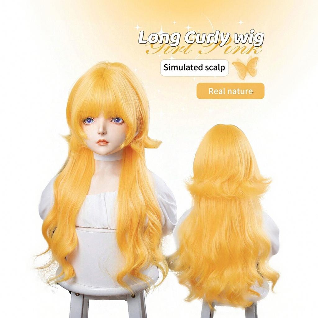 Lolita Stil Helles Gold Langes Lockiges Haar mit Pony, Simulierte Kopfhaut Natürliche Große Welle für Tägliches Cosplay synthetisch