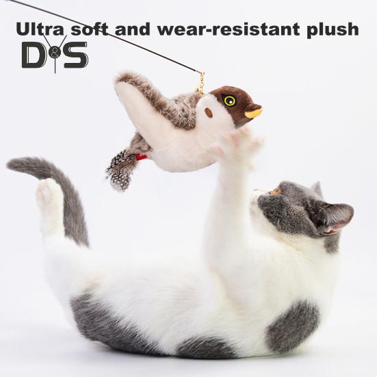 Interactive Flapping Wings Cat Toy Touch Activate Electric Flying Birds Toy with Chirping Sounds Indoor Hanging Simulation Plush Sparrow for Cats And