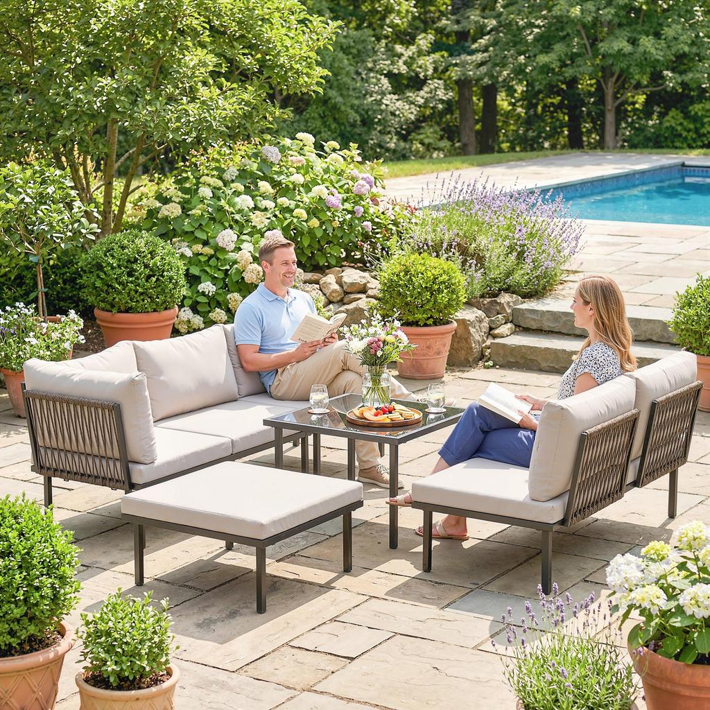 Modular Corner Outdoor Lounge Set for 6, Coffee Table, Tempered Glass, Light Grey