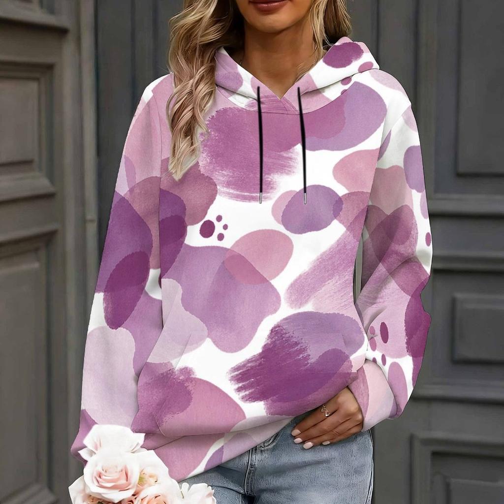 Women Plus Size Abstract Printed Long Sleeve Drawstring Hood Kangaroo Pocket Pullover Hoodie
